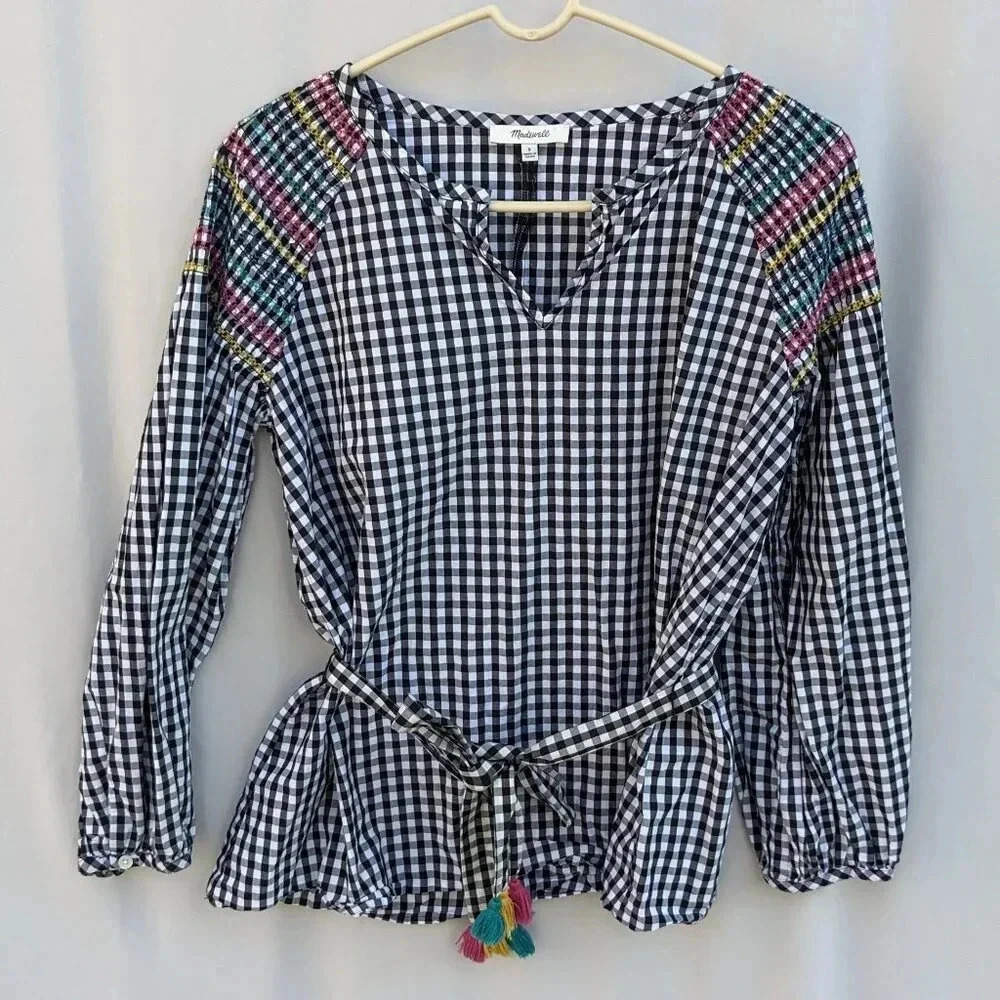 Madewell Smocked Gingham Blouse Small Boho Festival Black White Smocked Peasant